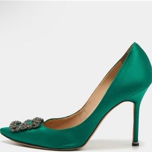 Manolo Blahnik Green Satin Jewel Buckle Pumps
